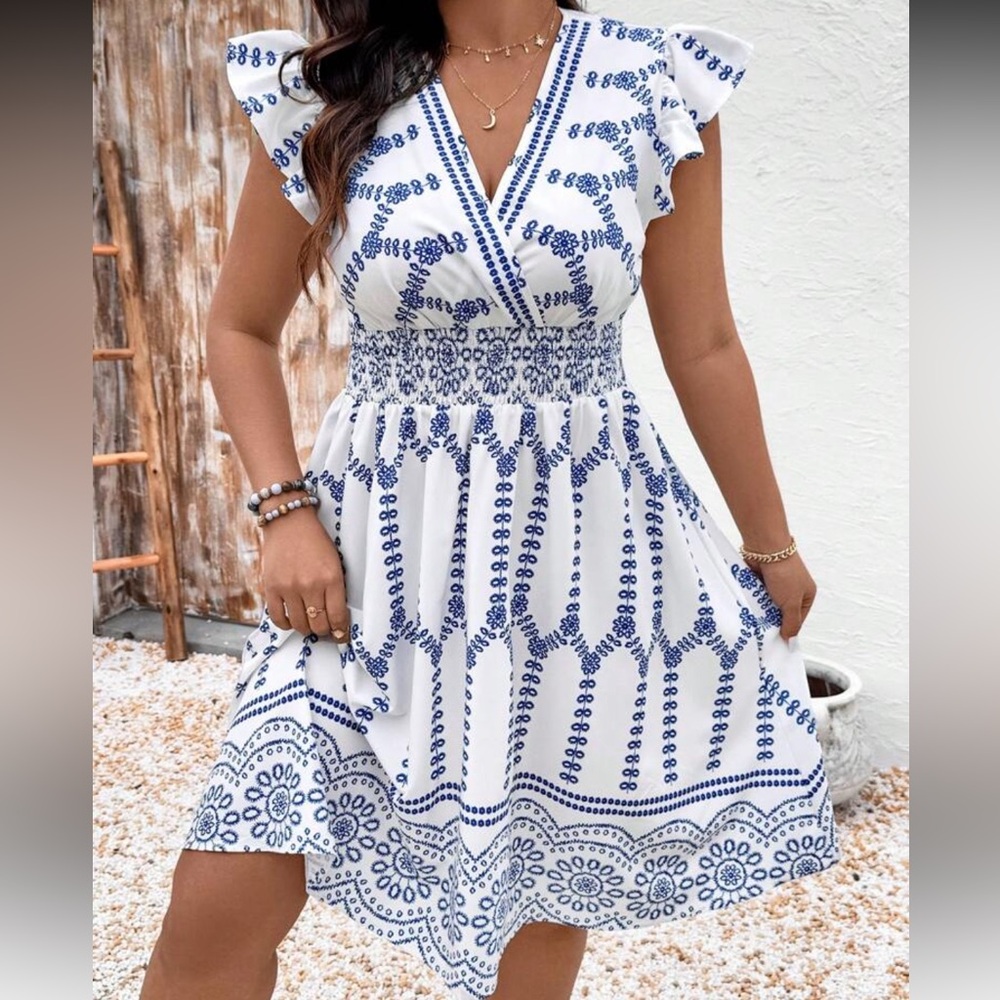 SHEIN Blue and White Patterned Dress